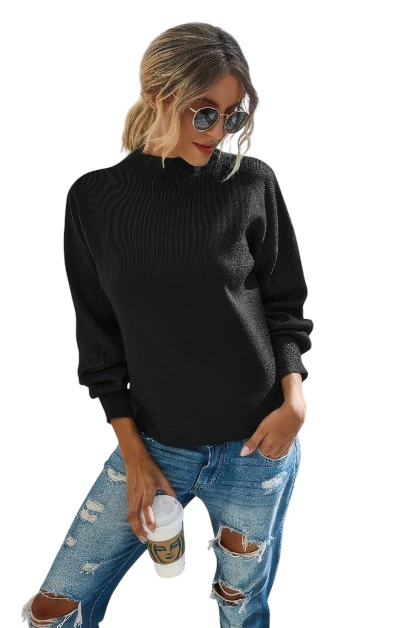 Drop Shoulder Solid Mock Neck Classic Knitted Sweater