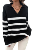 V Neck Drop Shoulder Strip Knit Loose Sweater