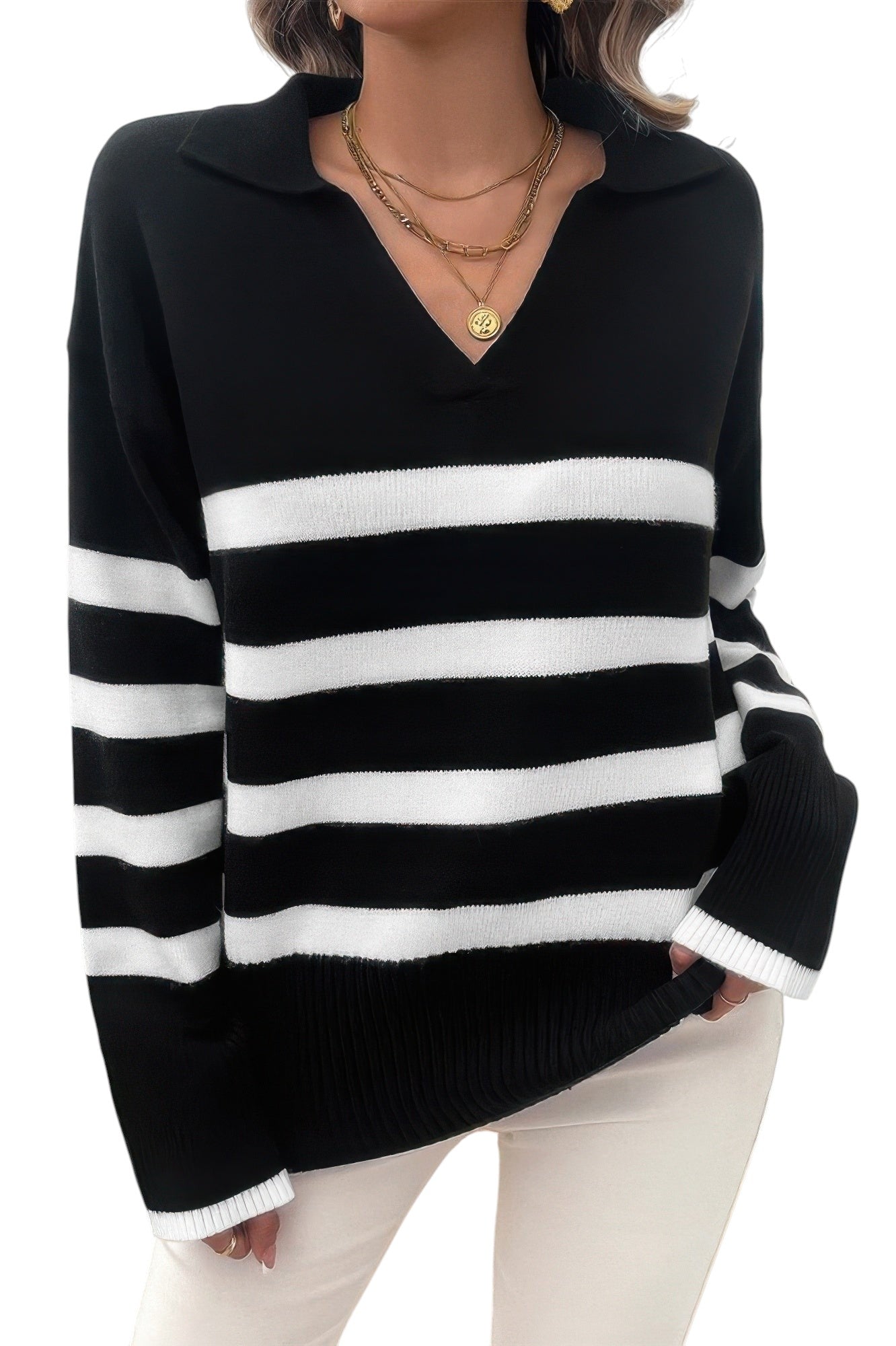 V Neck Drop Shoulder Strip Knit Loose Sweater
