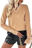 Solid Crew Neck Lace Trim Button Pullover Sweater